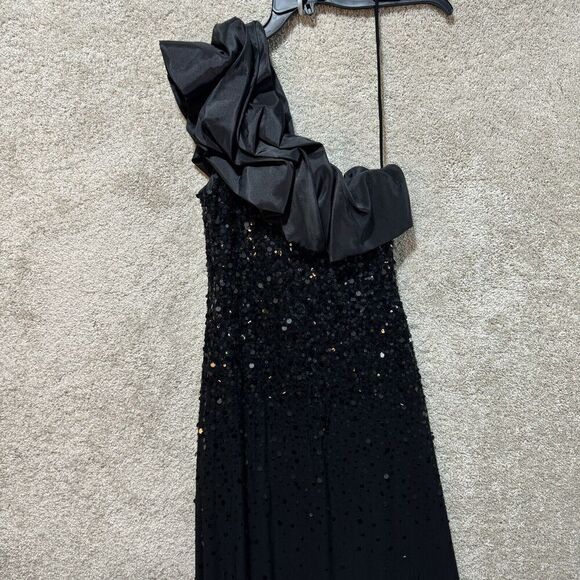 Mignon Maxi Gown Dress Women's 6 Black One Puff Shoulder Sequined Sheath Stretch - Picture 9 of 14